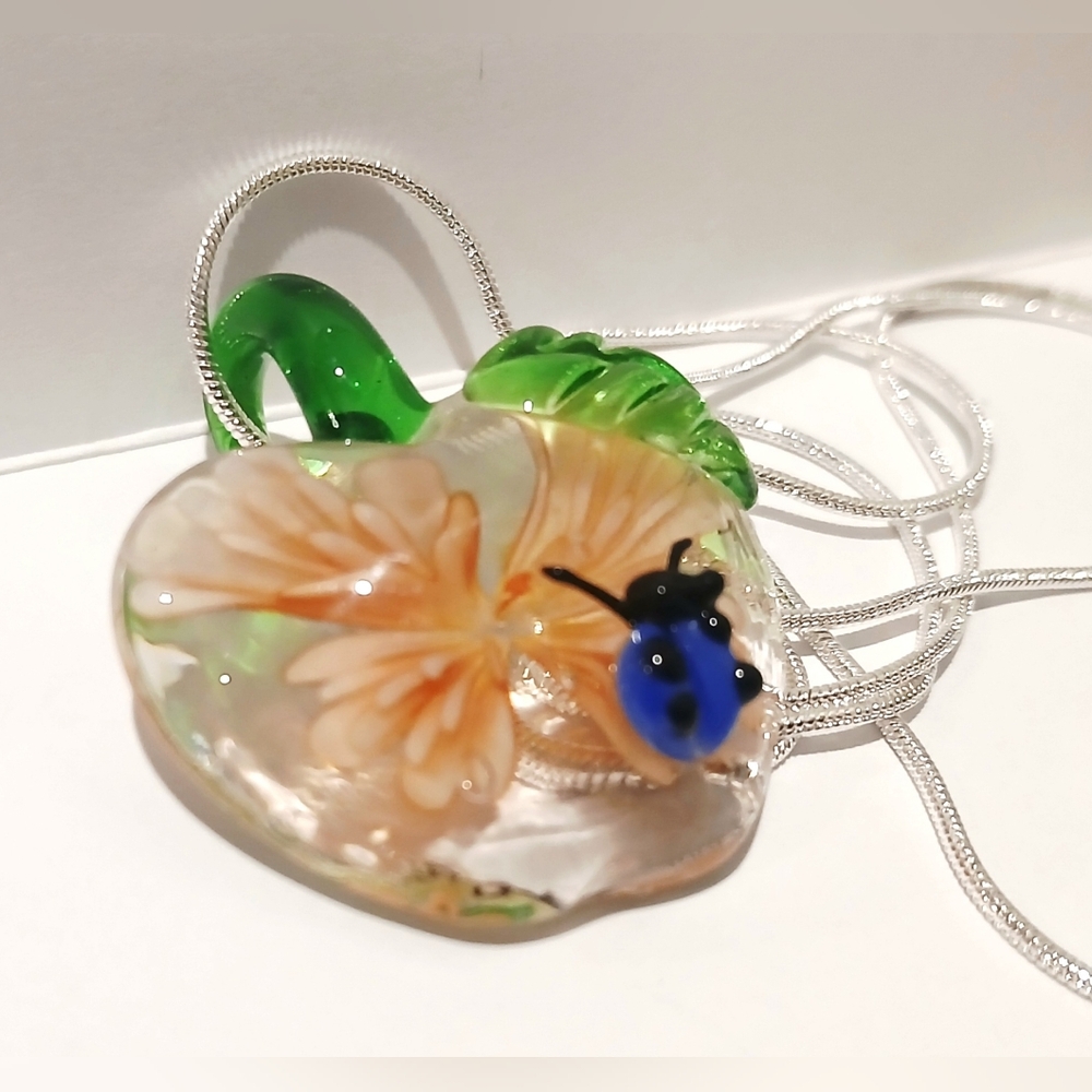 Glass Flower Pendant with Ladybug